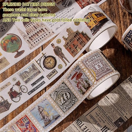 24 Rolls Vintage Washi Tape Set, Antique Car Buildings Map Stamp Stripe - Image 5