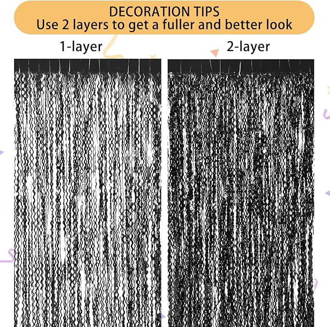 3 Pack New Years Decorations Wavy Black Tinsel Foil Fringe Curtains Party - Image 5
