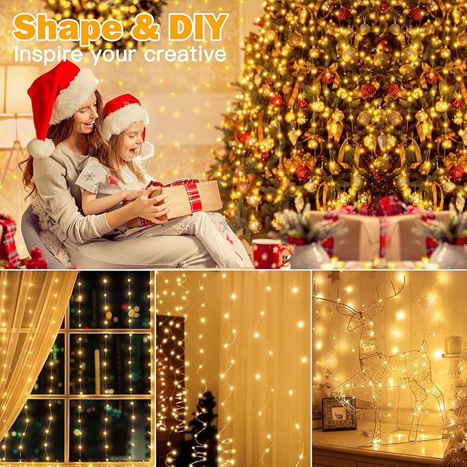 Ollny Silver Copper Wire Fairy Lights Curtain 200 LED 6.6x6.6ft, USB Warm White - Image 8