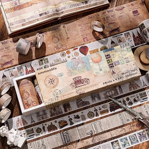 24 Rolls Vintage Washi Tape Set, Antique Car Buildings Map Stamp Stripe - Image 4