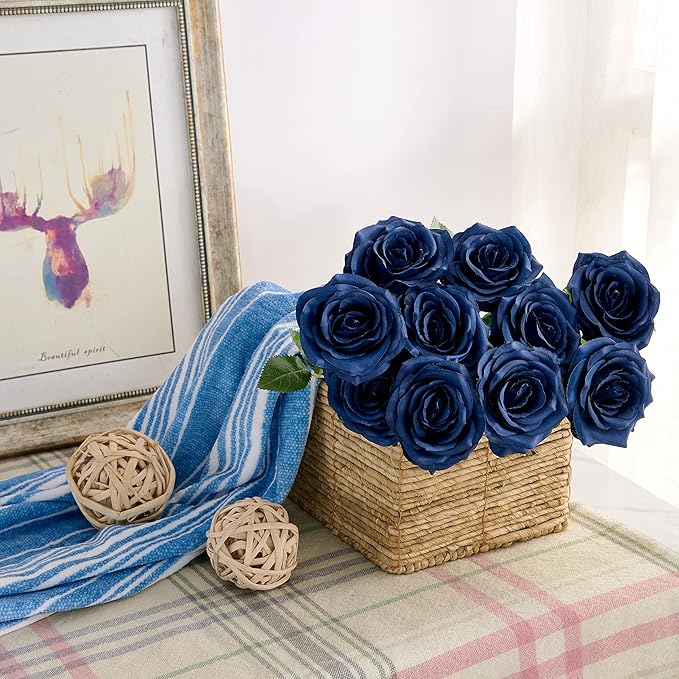 Artificial Rose 10pcs Open Flower Bouquet Navy Blue Faux Rose Stems - Image 3