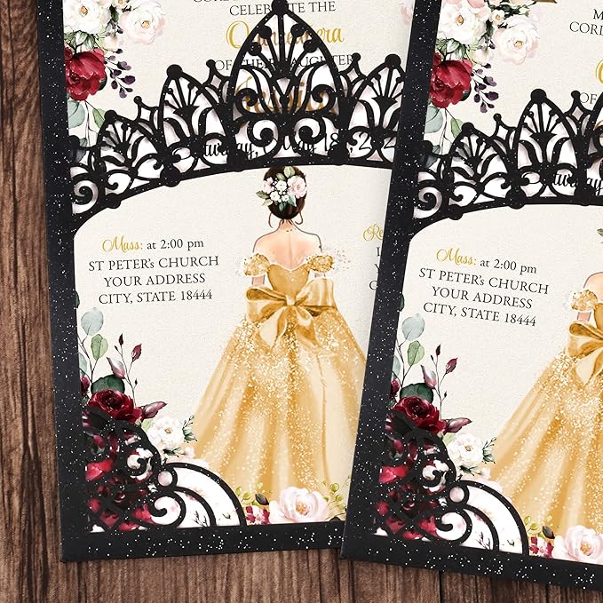 50Pcs Gold Crown Invitations for Quinceanera, 15 year, Sweet 16, Miss XV - Image 3