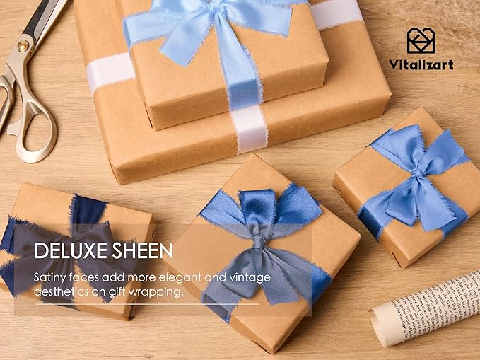 Vitalizart Silk Like Satin Ribbon 1 inch x 25 Yard Blue & White Handmade Frayed - Image 5