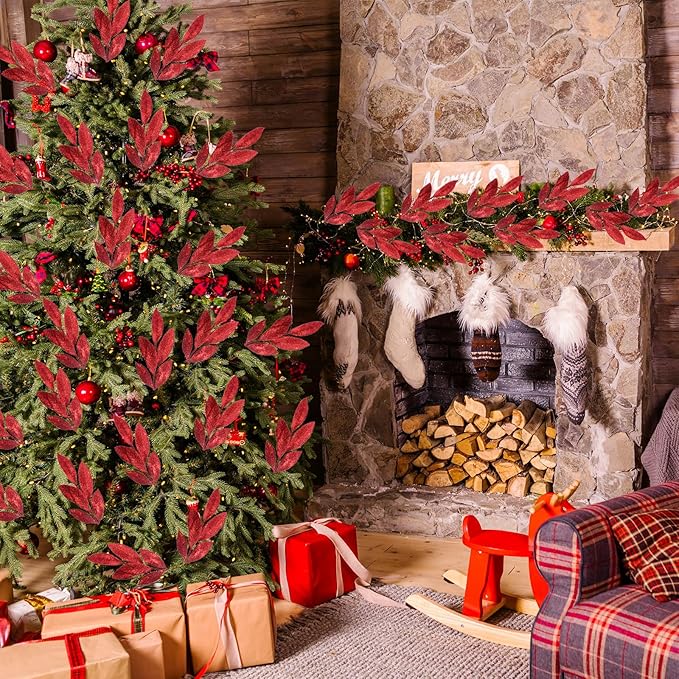 GREENTIME 12 Pack Artificial Red Glitter Leaves 13" Fake Christmas Picks - Image 6
