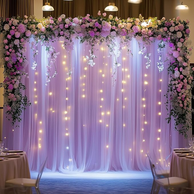 Tulle Backdrop Curtain with Lights String 10FT X 10FT Lavender Sheer Tulle - Image 7