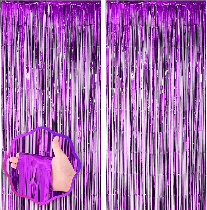 2 Pack Purple Foil Fringe Backdrop Curtains, Tinsel Streamers Birthday Party by Voircoloria