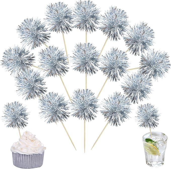 Ephlyn 30Pcs Foil Firework Cupcake Toppers Sparkle Tinsel Cupcake Picks Happy by Ephlyn