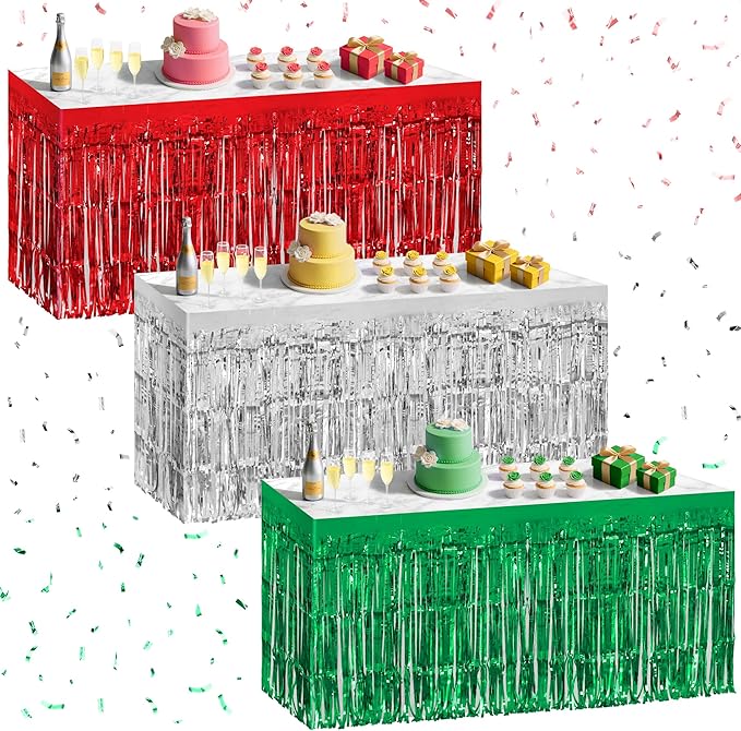 3 Pack Red Green Silver Table Skirts, 29x108" Metallic Foil Tinsel Fringe Table by Unknown