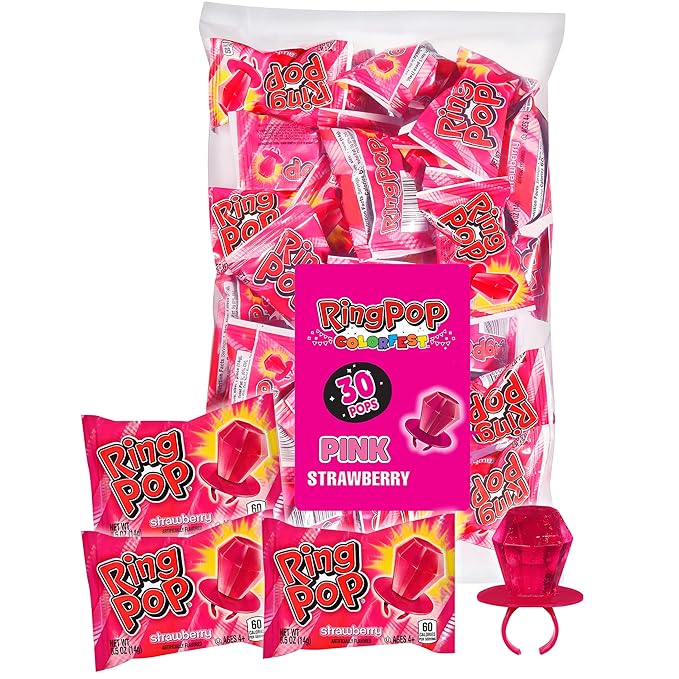 Ring Pop Individually Wrapped Pink Halloween Candy, Strawberry 30 Ct Lollipop by RingPop