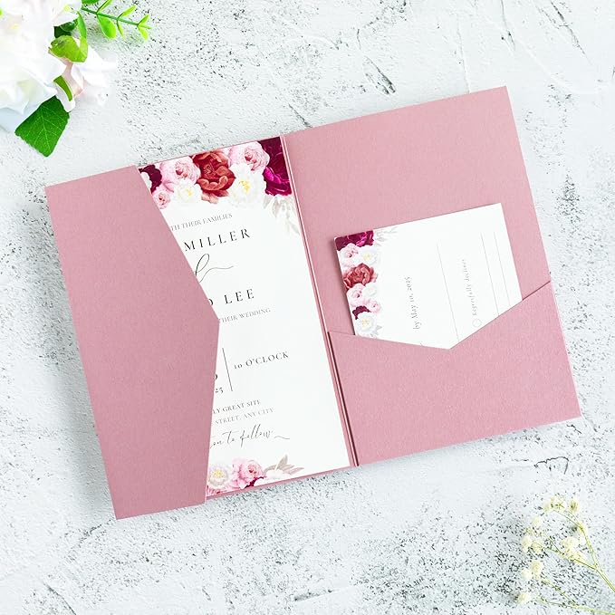 20 PCS Dusty Rose Tri-fold Laser Cut Wedding Invitation Pockets by FEIYI