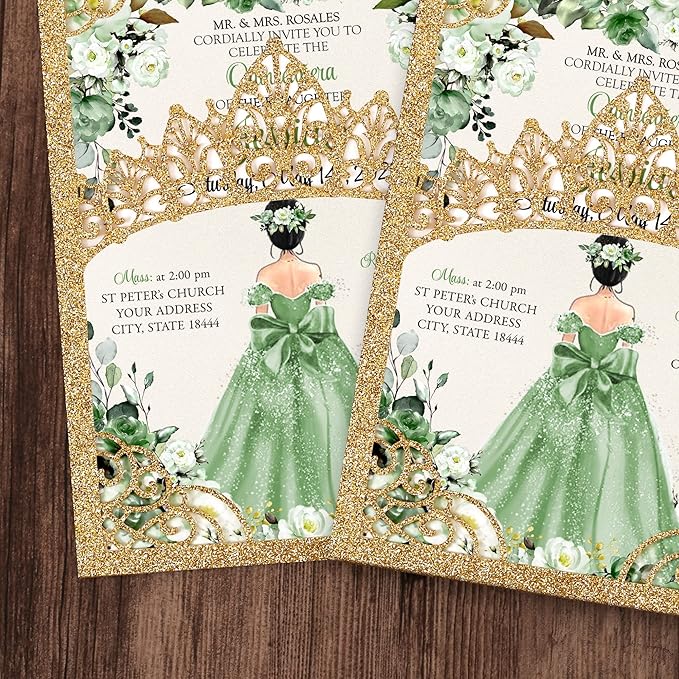 50Pcs Sage Green Crown Quinceanera Invitation - Image 3