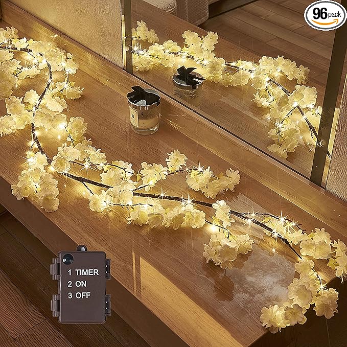 Hairui Cherry Blossom 96 LED Fairy Lights 6FT Garland, Battery Operated by Hairui