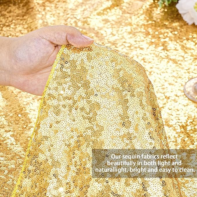 QueenDream 90x132inch Rectangle Sparkly Gold Sequin Tablecloth Wedding Glitter - Image 2