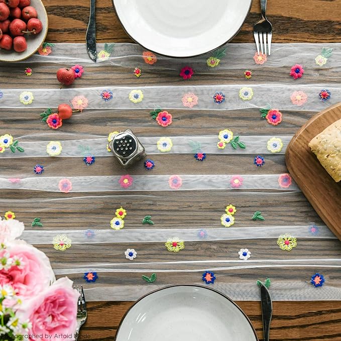 Artoid Mode 3PCS Embroidery Daisy Gauze Table Runner 120 Inch 10FT, Seasonal - Image 2