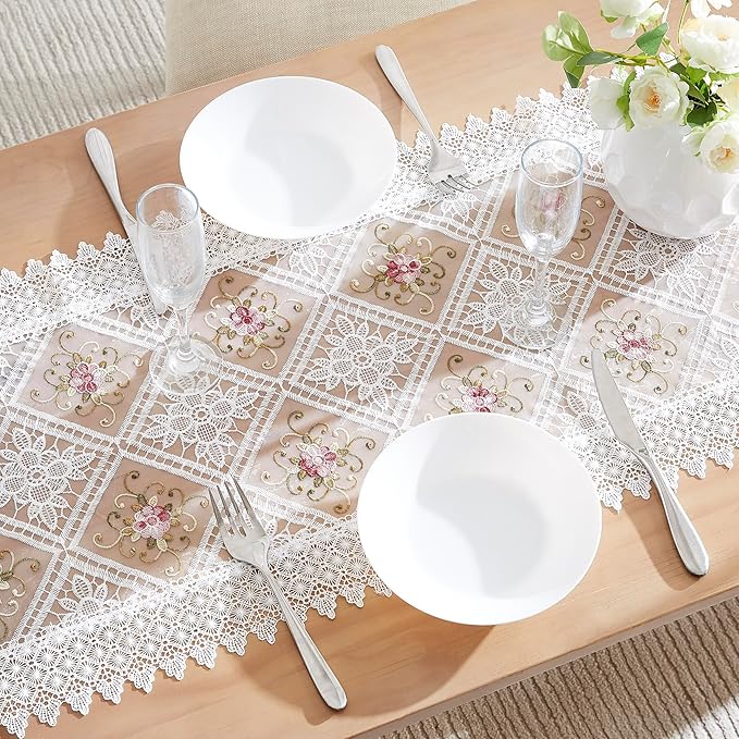 Warm Home Designs White Lace Table Runner. 72 Inch Long, Embroidered - Image 2