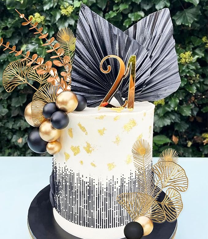 Boho Cake Topper Black Gold Balls Cake Topper Gold Leaves Cake Decorations Prom - Image 8