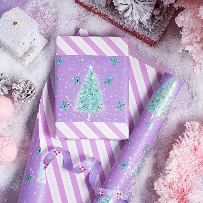 LeZakaa Christmas Purple Wrapping Paper Mini Roll, Christmas Tree Butterfly - Image 2