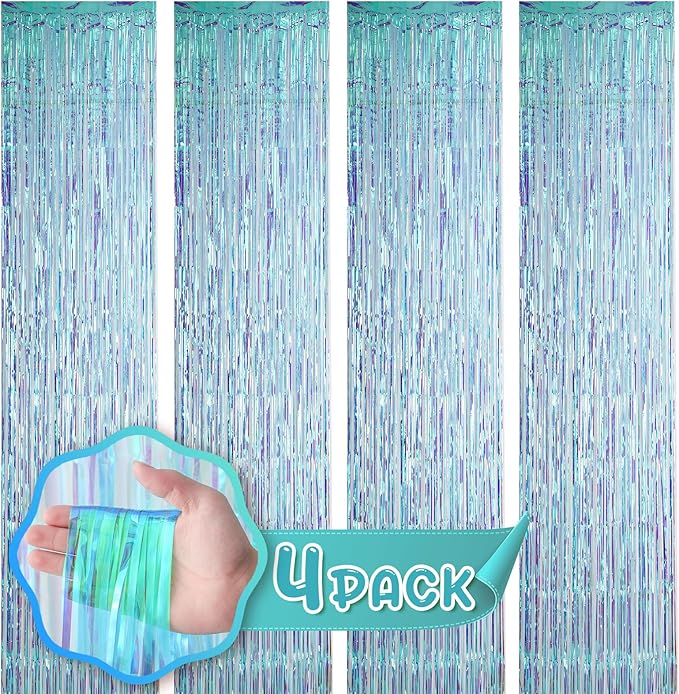 4 Pack 3.3x8.2 Feet Neon Iridescent Foil Fringe Backdrop Curtains, Tinsel by Voircoloria