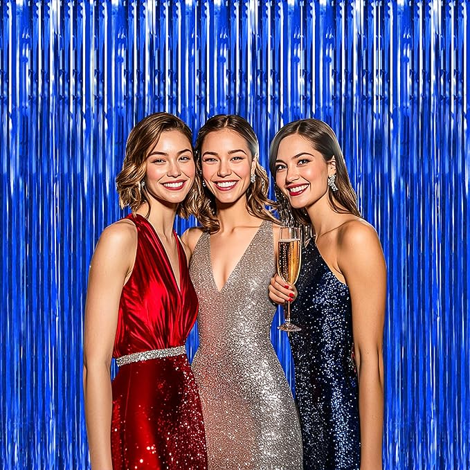BTSD-home Blue Foil Fringe Curtain, Metallic Photo Booth Backdrop Tinsel Door - Image 2