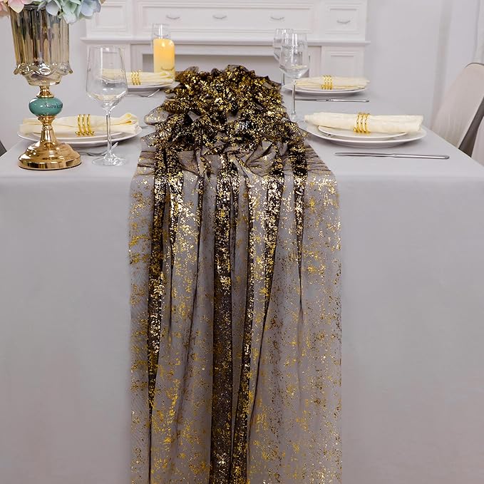 Snowkingdom Black and Gold Cheesecloth Table Runner 10 FT, Sheer Chiffon - Image 4