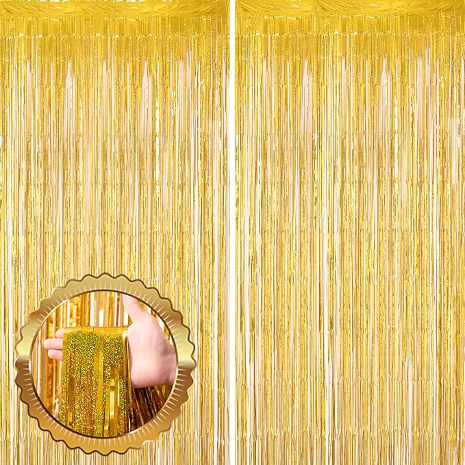 2 Pack Laser Gold Tinsel Foil Fringe Curtains, Metallic Tinsel Party Streamers by Voircoloria