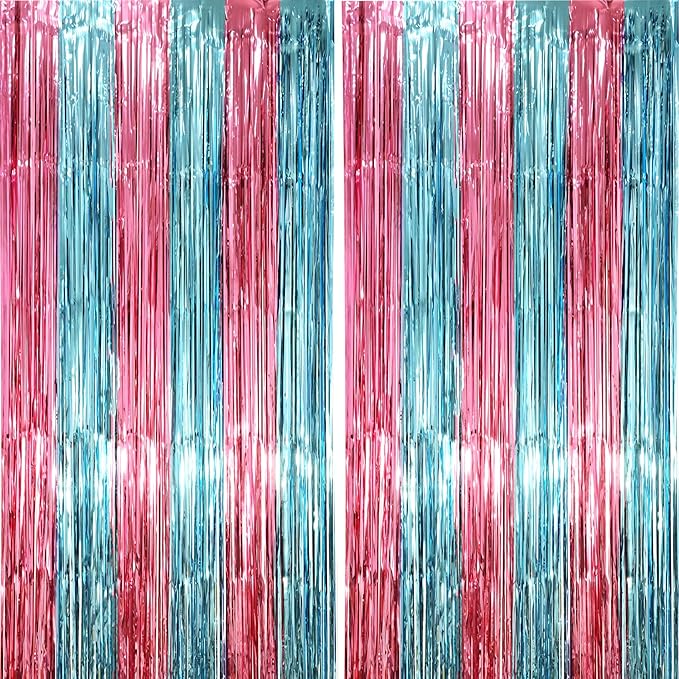 2 Pack Blue and Pink Foil Fringe Backdrop Curtains, Tinsel Streamers Mermaid by Voircoloria
