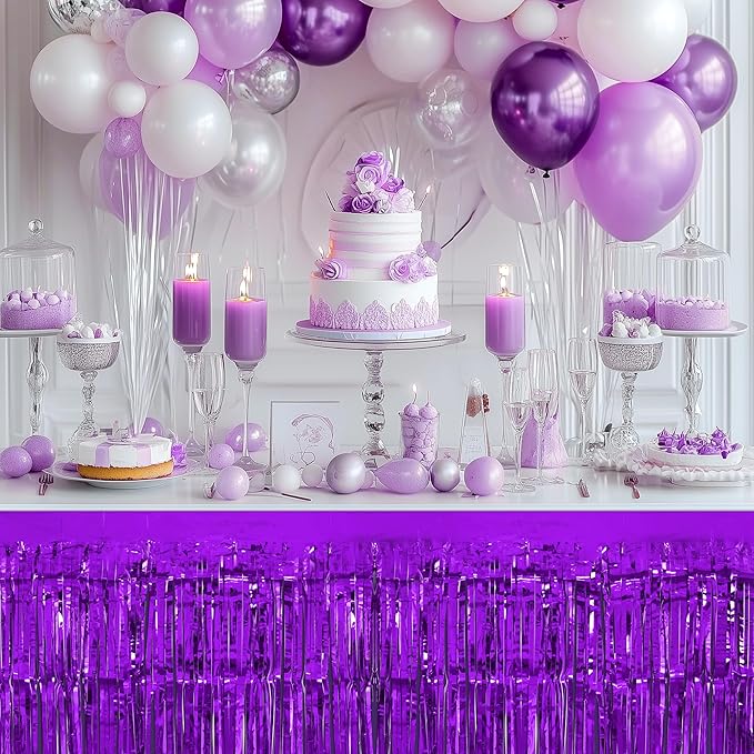 2 Pack Dark Purple Orange Table Skirts, 29x108" Metallic Foil Tinsel Fringe - Image 5