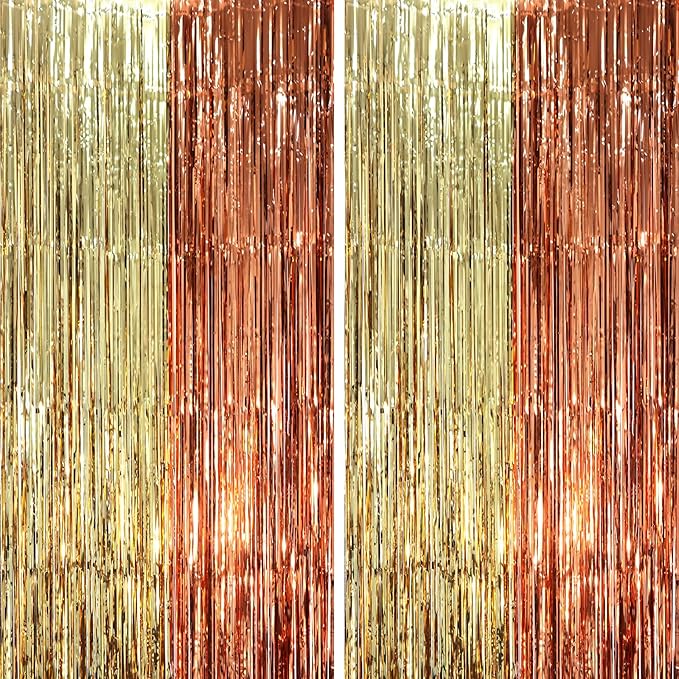 2 Pack Rose and Champion Foil Fringe Backdrop Curtains, Tinsel Streamers Party by Voircoloria