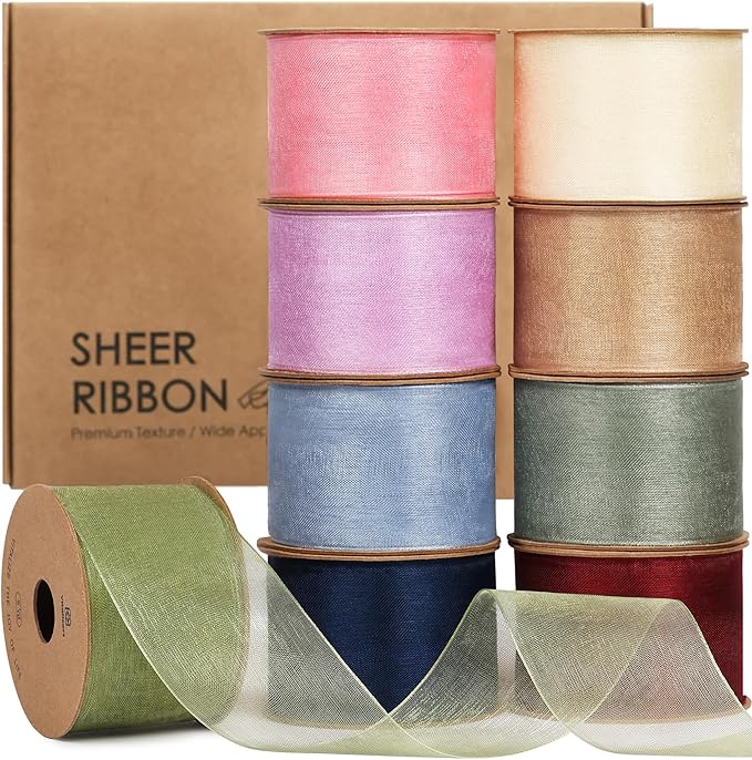 Vitalizart 1.5" x 45 Yards Organza Ribbon Pastel Color 9 Rolls x 5 Yd Sheer by Vitalizart