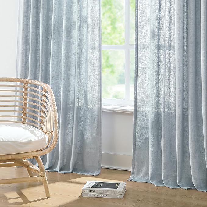Vision Home Blue Grey Pinch Pleated Semi Sheer Curtains Textured Linen Blended - Image 2