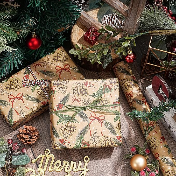 RUSPEPA Kraft Christmas Wrapping Paper Roll, Mini Roll, Pinecone and Greenery - Image 4