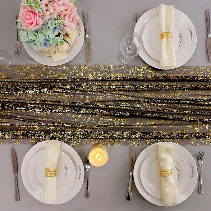 Snowkingdom 6 Pcs Black & Gold Cheesecloth Table Runner 10 FT, Sheer Chiffon - Image 6
