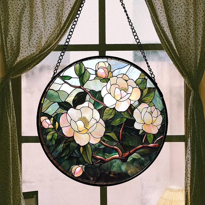Stained Glass Suncatcher, Light Pink Flowers Green Leaf Sun Catcher Plant Stain - Image 3