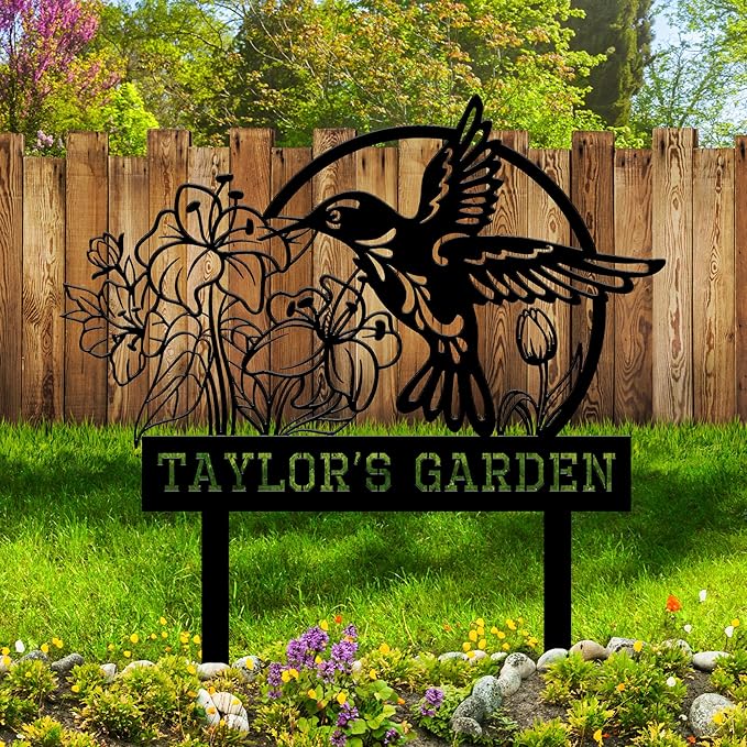 Personalized Garden Signs for Outside, Custom Metal Hummingbird Flowers Garden - Image 2