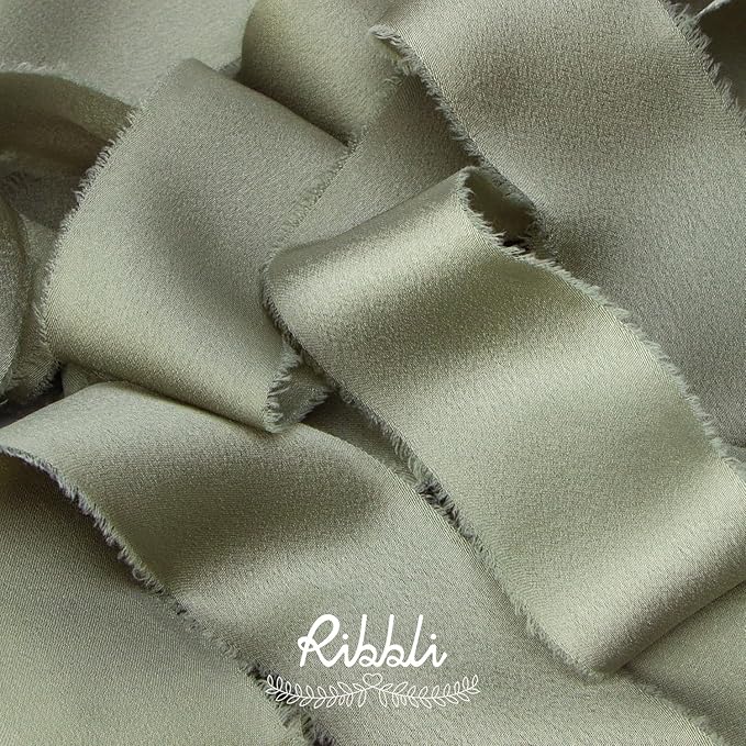 Ribbli Dusty Sage Green Silk Satin Ribbon 1.5 Inch x 12 Yard Handmade Frayed - Image 2