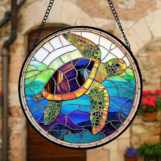 Stained Glass Window Hanging, Colored Turtle Ocean Suncatcher Diamond Glass - Image 5