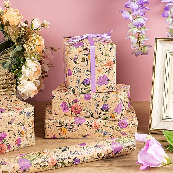 WRAPAHOLIC Kraft Floral Wrapping Paper Roll - Image 6