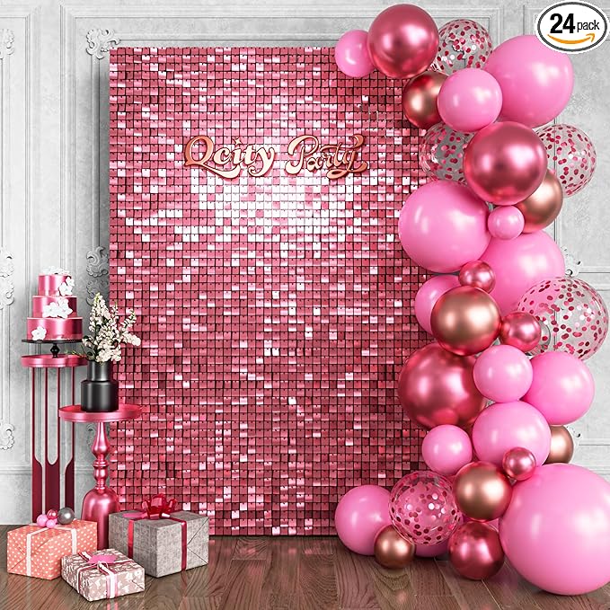 Qcity Pink Shimmer Wall Backdrop 24PCS, Square Sequin Glitter Backdrop Panel by QCITY