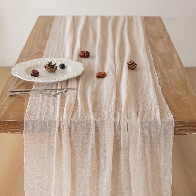 Beige Gauze Rustic Cheesecloth Table Runner 120 Inch 10 FT - Image 3
