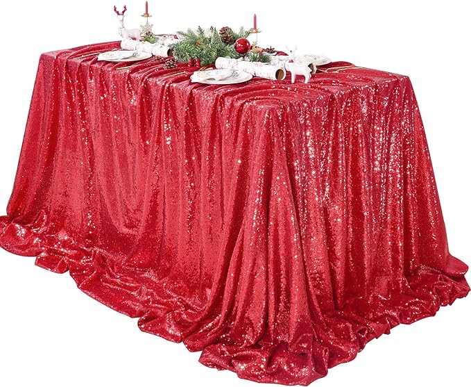 QueenDream Red Sequin Tablecloth 90x132 Inch Red Glitter Table Cloth by QueenDream