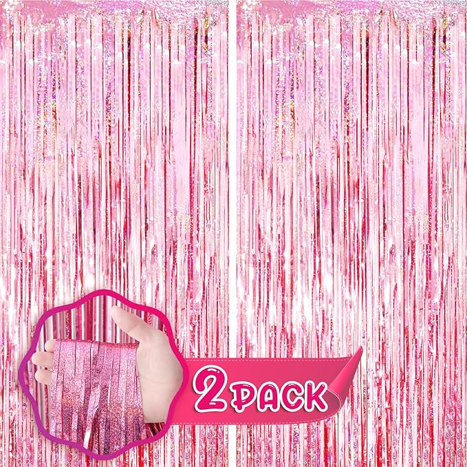 2 Pack 3.3x8.2 Feet Laser Pink Foil Fringe Backdrop Curtains, Tinsel Streamers by Voircoloria