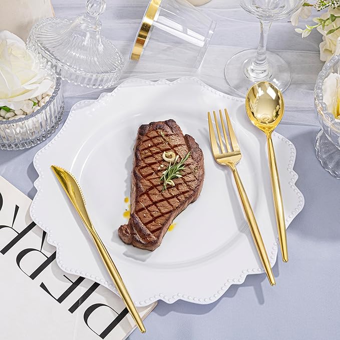 COLOSUS 350pcs White Plastic Plates Disposable Gold Cutlery Dinnerware set - Image 9