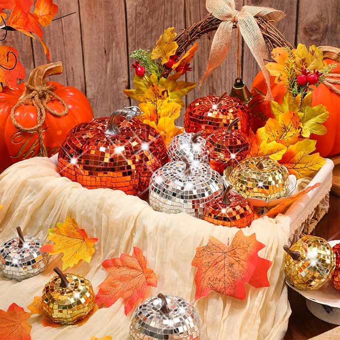 Lenwen 12 Pcs Artificial Disco Pumpkin Glitter Mirror Pumpkin - Image 2