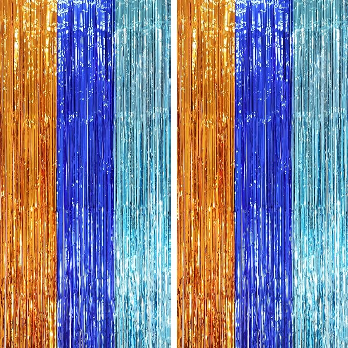 2 Pack Blue Orange Foil Fringe Backdrop Curtains, Tinsel Streamers Party by Voircoloria