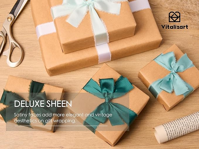 Vitalizart Silk Like Satin Ribbon 1 inch x 25 Yard Green & Sage Handmade Frayed - Image 5