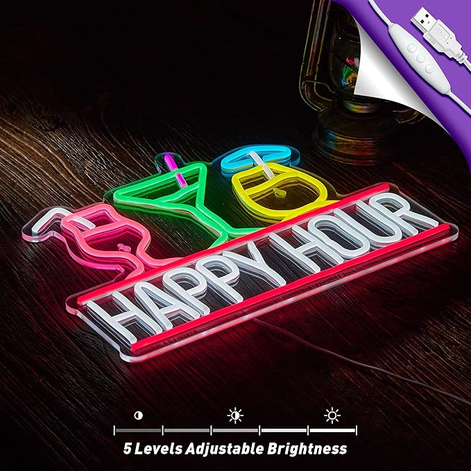 Happy Hour Neon Sign for Wall Decor Beer Bar Signs, USB Powered Dimmable LED - Image 4