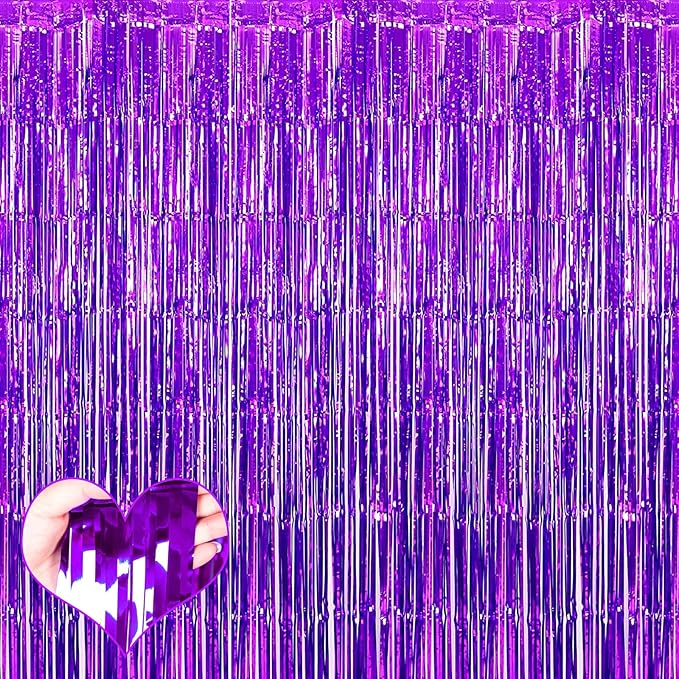 4 Pack Purple Fringe Curtain Backdrop, 3.2Ft x 6.6Ft Metallic Tinsel Foil by Mebiornt