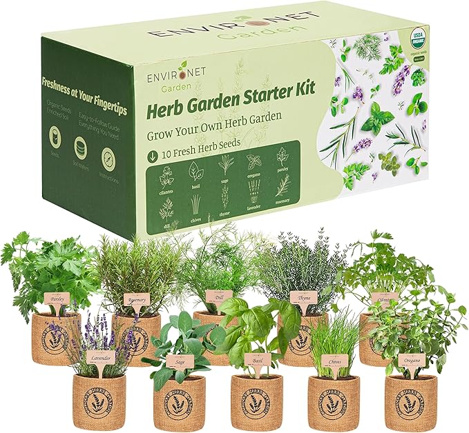 10 Indoor Herb Garden Kit- Burlap Pots, Organic Seeds, Herb Garden Planter by Environet