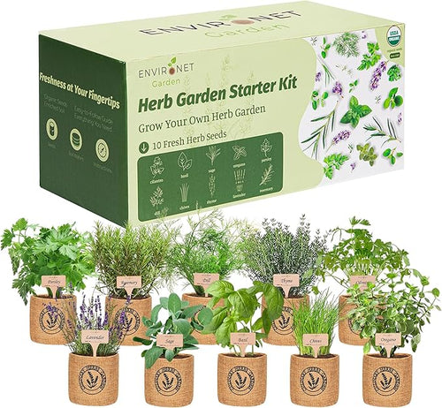 10 Indoor Herb Garden Kit- Burlap Pots, Organic Seeds, Herb Garden Planter by Environet
