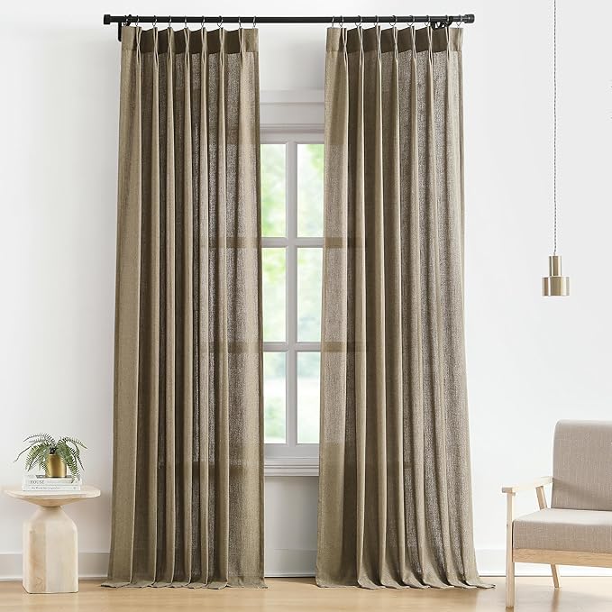 Vision Home Brown Pinch Pleated Semi Sheer Curtains Textured Linen Blended by VisionHome